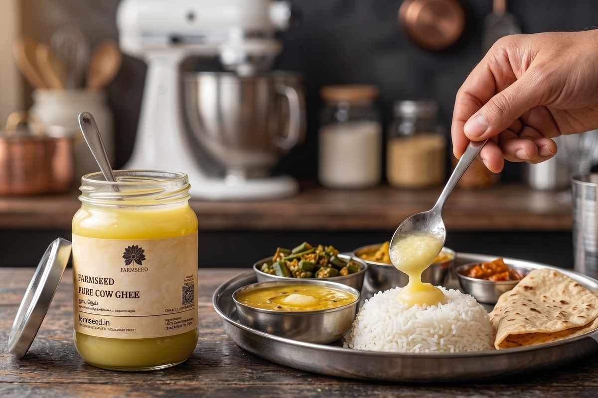 A jar of Farmseed Pure Cow Ghee sits on a rustic wooden table next to a metal serving tray with rice, flatbread, and side dishes, while a hand is shown drizzling the golden-yellow ghee over the rice.
