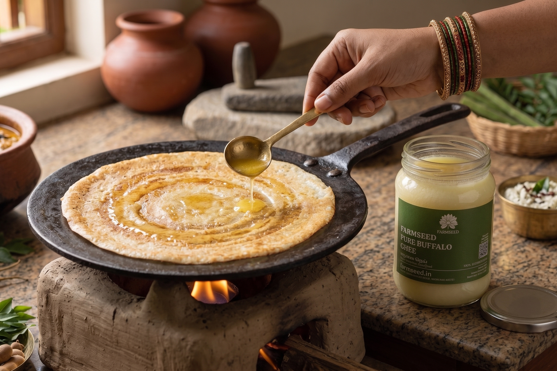A hand drizzles golden oil onto a flatbread cooking pan on a rustic stove, with a jar of Garambh Raw Buffalo Garam Masala seasoning nearby on a wooden table.