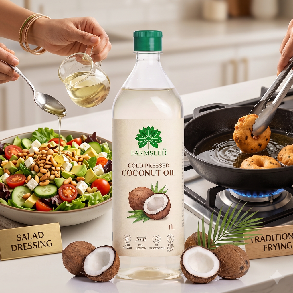 A 1-liter bottle of Farmseed Cold Pressed Coconut Oil stands on a kitchen counter, surrounded by cooking and salad preparation. Hands are visible drizzling oil into a salad on the left and frying donuts in a pan on the right.