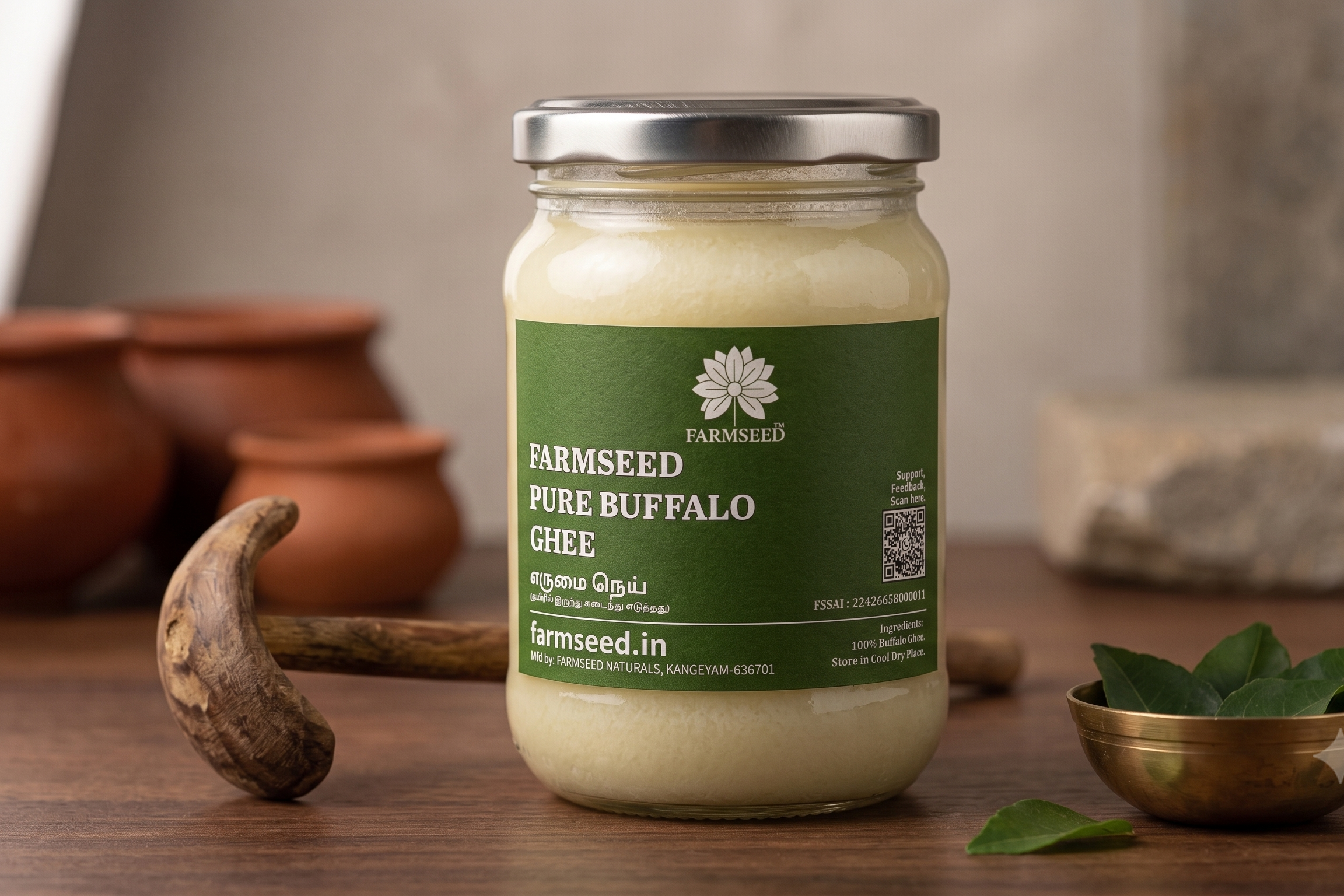 A glass jar of Farmseed Pure Buffalo Ghee with a green label and silver lid, set on a wooden table with traditional clay pots, a banana leaf, and a brass bowl in the background.