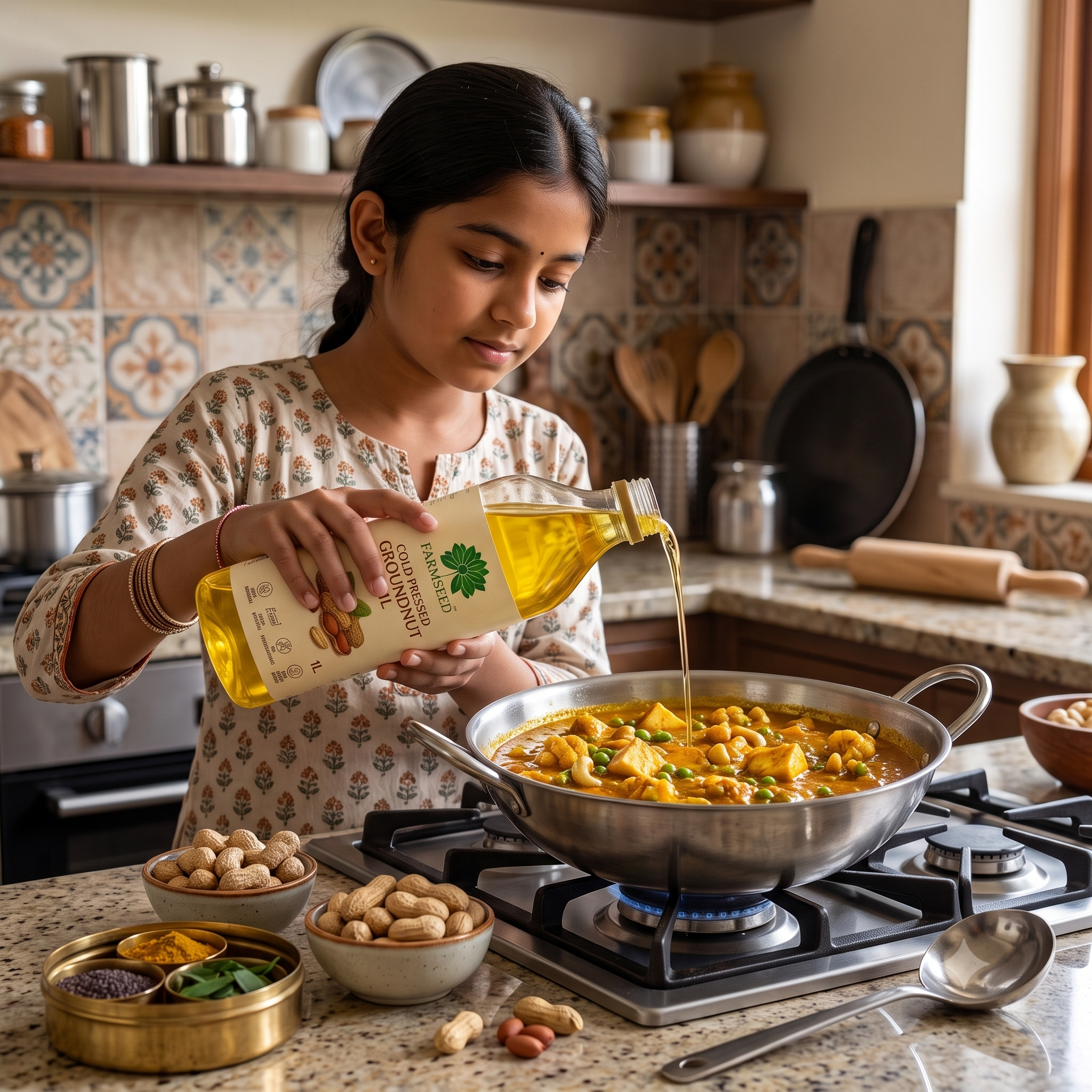 A young girl in a patterned cream top pours oil from a bottle labeled 'Saffron & Turmeric' into a stainless steel pan of food on a gas stove in a kitchen.
