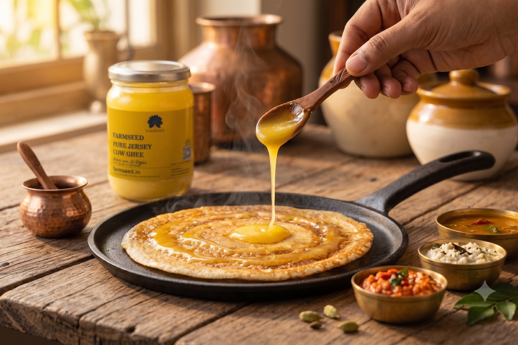 A hand drizzles golden mustard from a wooden spoon onto a thin crepe on a black skillet, set on a rustic wooden table. A jar of whole lemon curd and small bowls of spices and garnishes are arranged nearby.