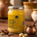 A jar of Farmseed Pure Jersey Cow Ghee on a wooden table surrounded by spices, copper vessels, and ceramic pots in a warm, softly blurred kitchen setting.