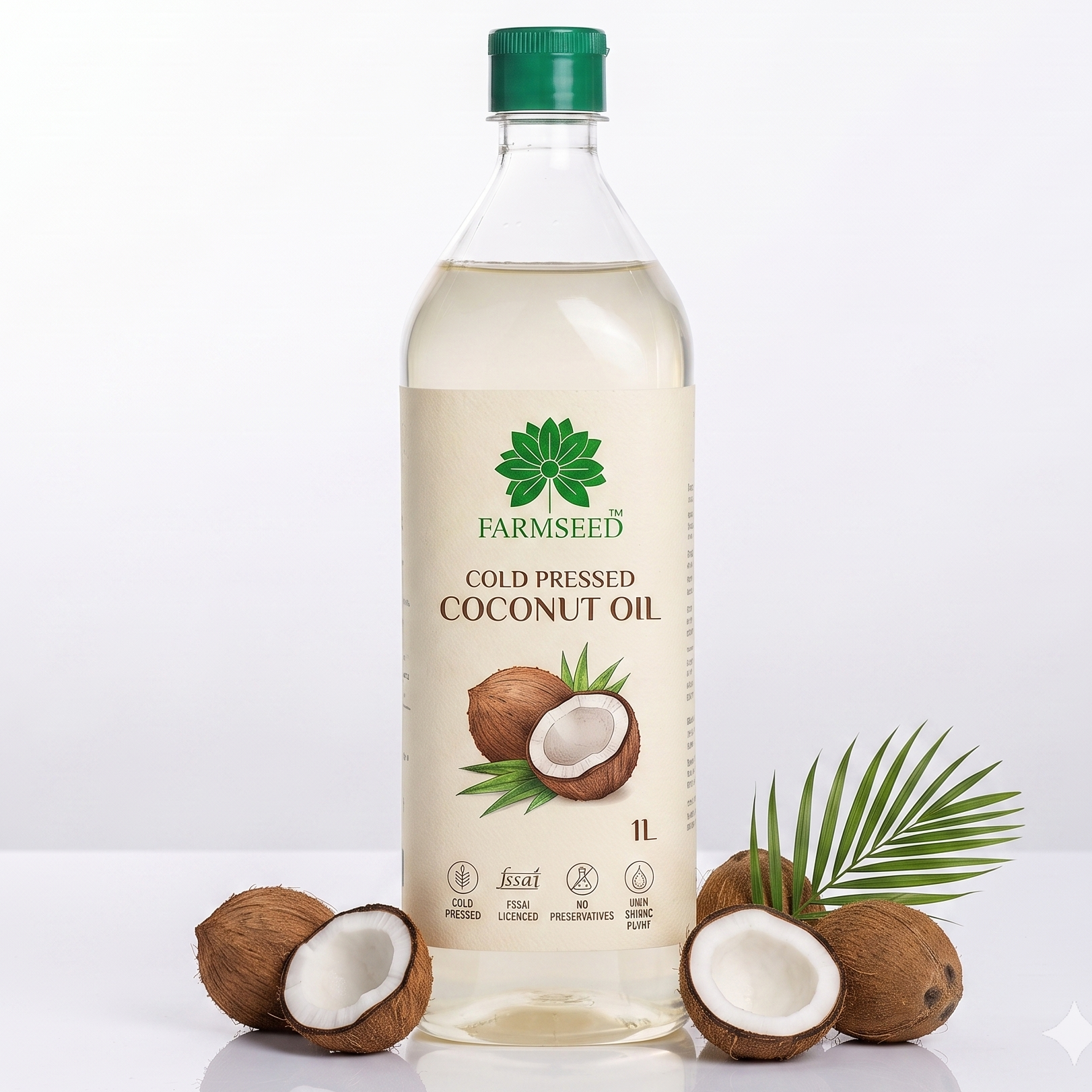 A 1-liter bottle of Farmseed cold pressed coconut oil, displayed on a reflective white surface with whole and halved coconuts and a green palm leaf.