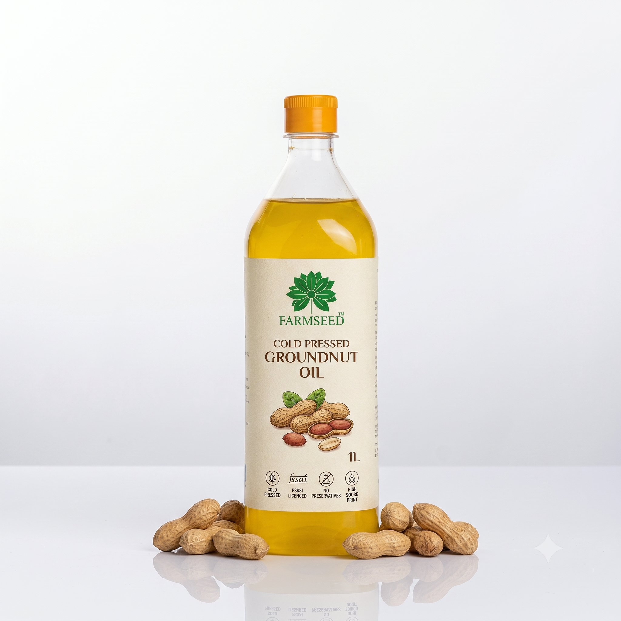 A 1L bottle of Farmseed cold pressed groundnut oil with peanuts arranged around its base on a clean white reflective surface.