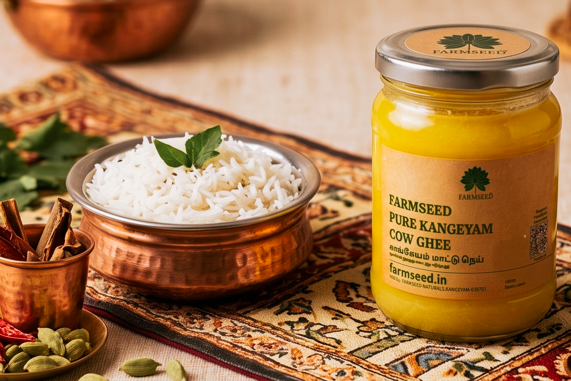 A jar of Farmseed Pure Kangeyam Cow Ghee stands on a patterned runner beside a copper bowl of white rice with a green mint garnish, with spices and copper vessels in the background.