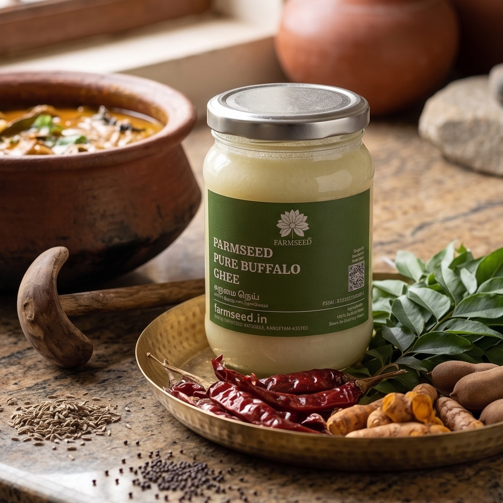 A jar of Farmseed Pure Buffalo Ghee on a decorative tray with spices, curry leaves, and peanuts, set on a rustic kitchen counter.