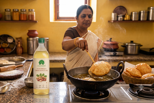 A woman cooking in a warm kitchen while a bottle of Eeswar's Organic Groundnut Oil is prominently displayed in the foreground next to a stove with deep-fried bread.
