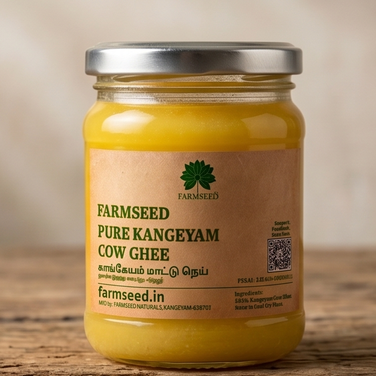 A glass jar of Farmseed Pure Kangeyam Cow Ghee with a silver metal lid and a brown paper label, resting on a rustic wooden surface against a soft beige background.