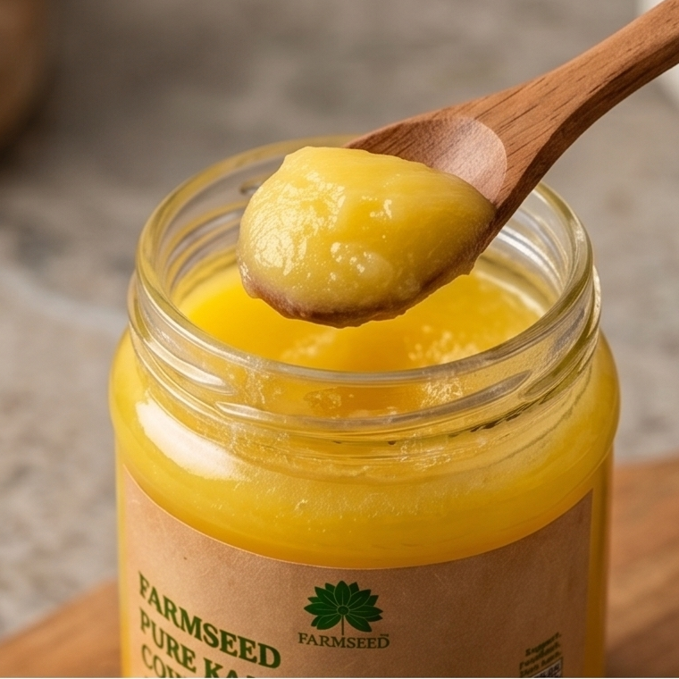 A glass jar of Farmseed Pure Kangeyam Gold Ghee with a wooden spoon lifting a scoop of the yellow ghee, set on a wooden board over a stone surface.