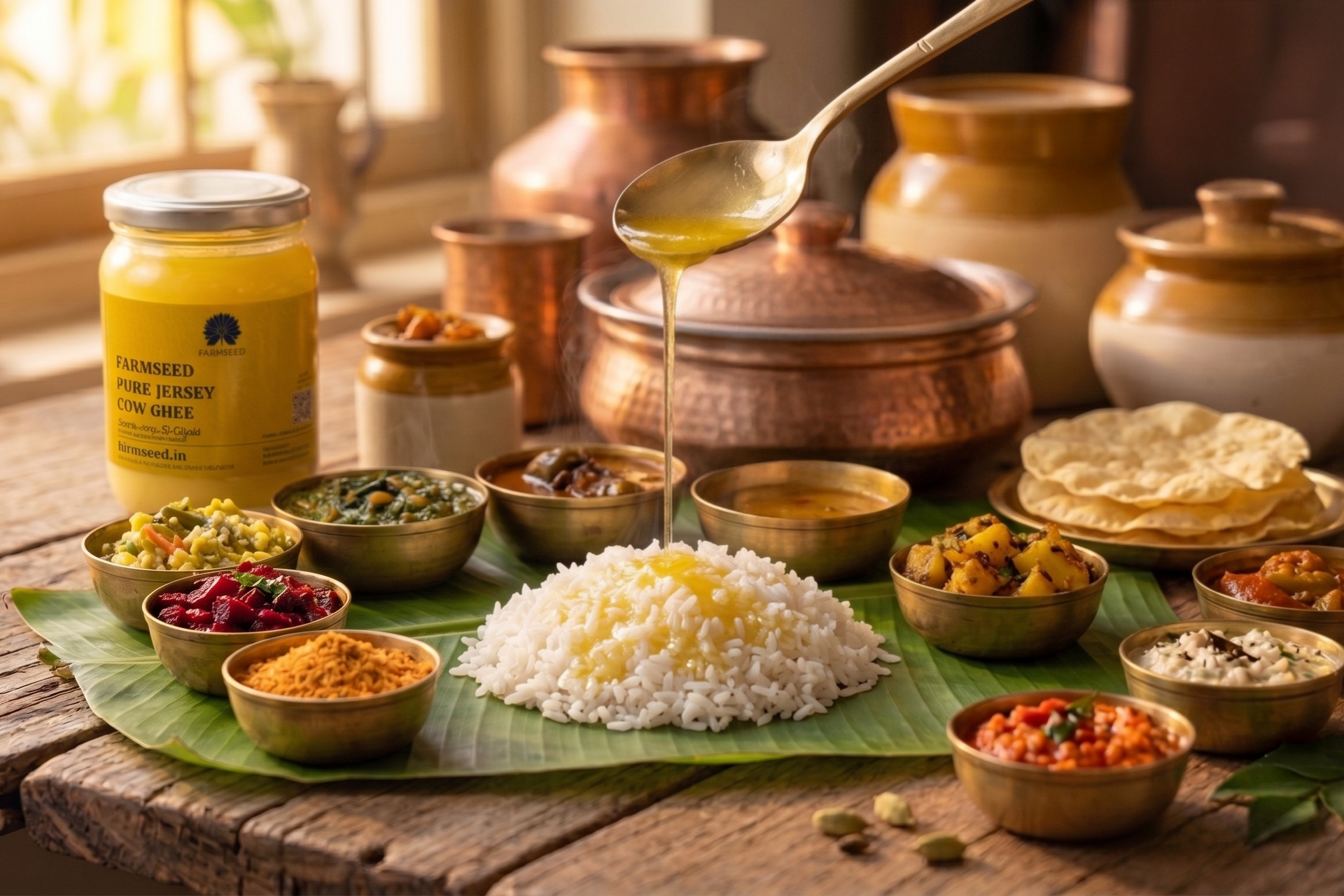 A styled food scene showing a jar of tahini sauce next to a banana leaf spread with rice, flatbread, and small bowls of spices and vegetables on a rustic wooden table, with copper cookware and a spoon in the background.