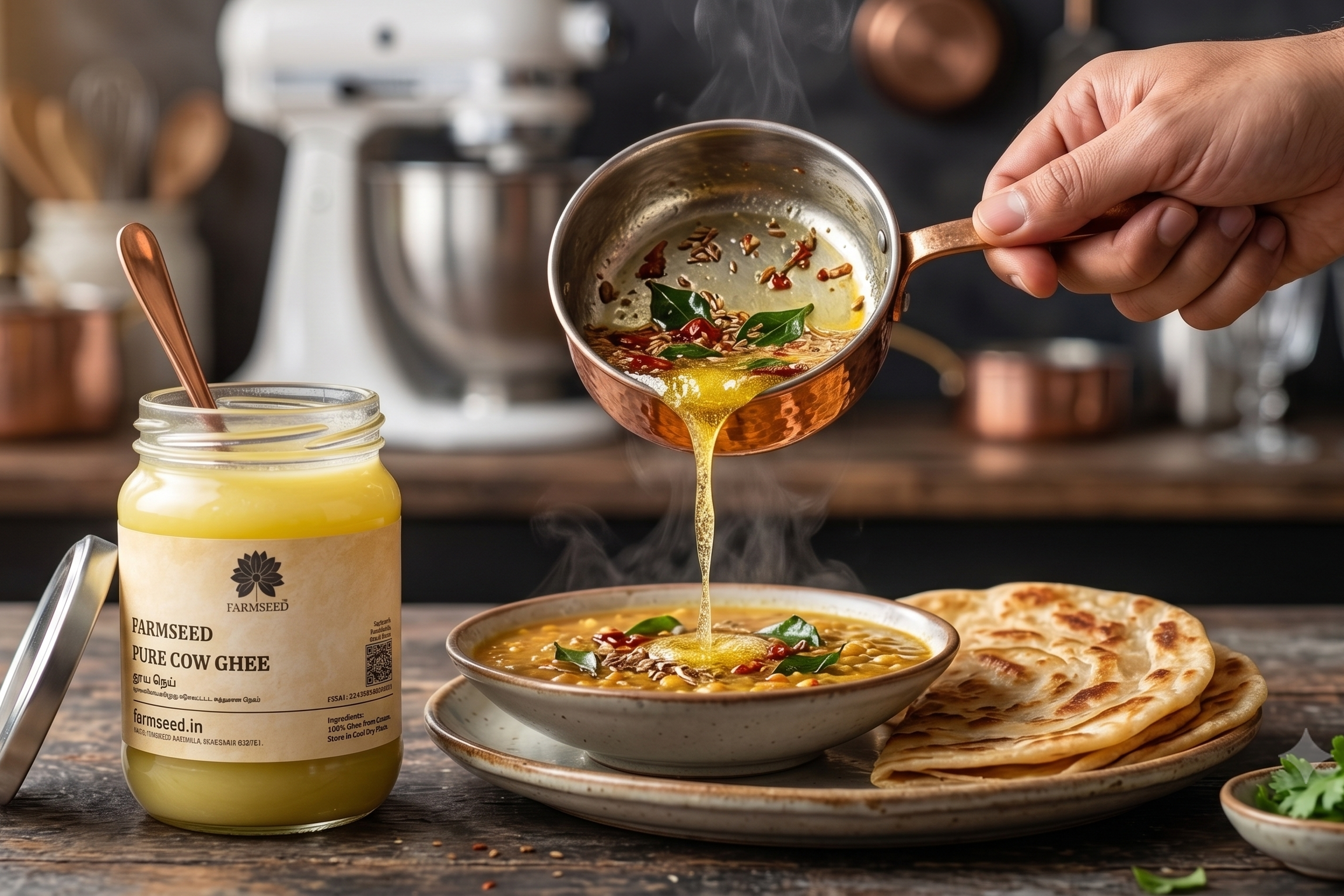 A jar of raw, unprocessed pure farmseed cow ghee sits on a rustic wooden table next to a bowl of curry with a hand pouring hot oil from a copper pan. A stack of flatbreads and a small bowl of cilantro are also present.